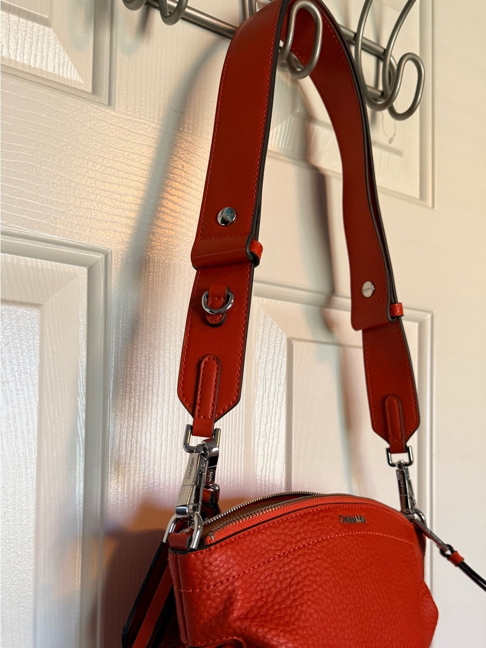Calvin Klein Pebbled Leather Shoulder Bag in Orange-Red